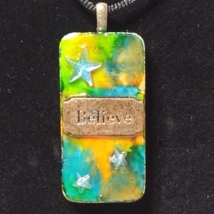 Domino Necklace Believe with Light Blue Stars